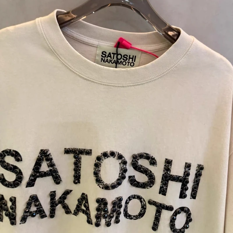 Oversized Satoshi Nakamoto Studded Logo T-Shirts Men Women High Quality White Washed Short Sleeve T Shirts