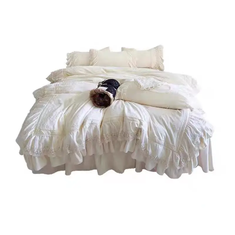 Vintage French Style Princess Lace Ruffles Carved Velvet Bedding Set Duvet Cover Bed Sheet/Fitted Sheet/Bed Skirt Pillowcases