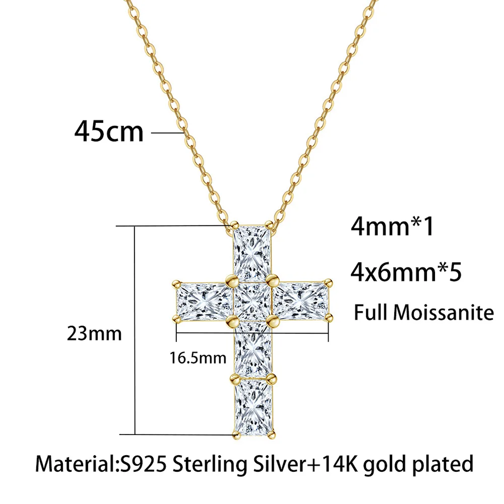 OEVAS Full Moissanite Cross Pendant Necklace For Women S925 Sterling Silver Plated 14K Gold O-chain Wedding Party Fine Jewelry