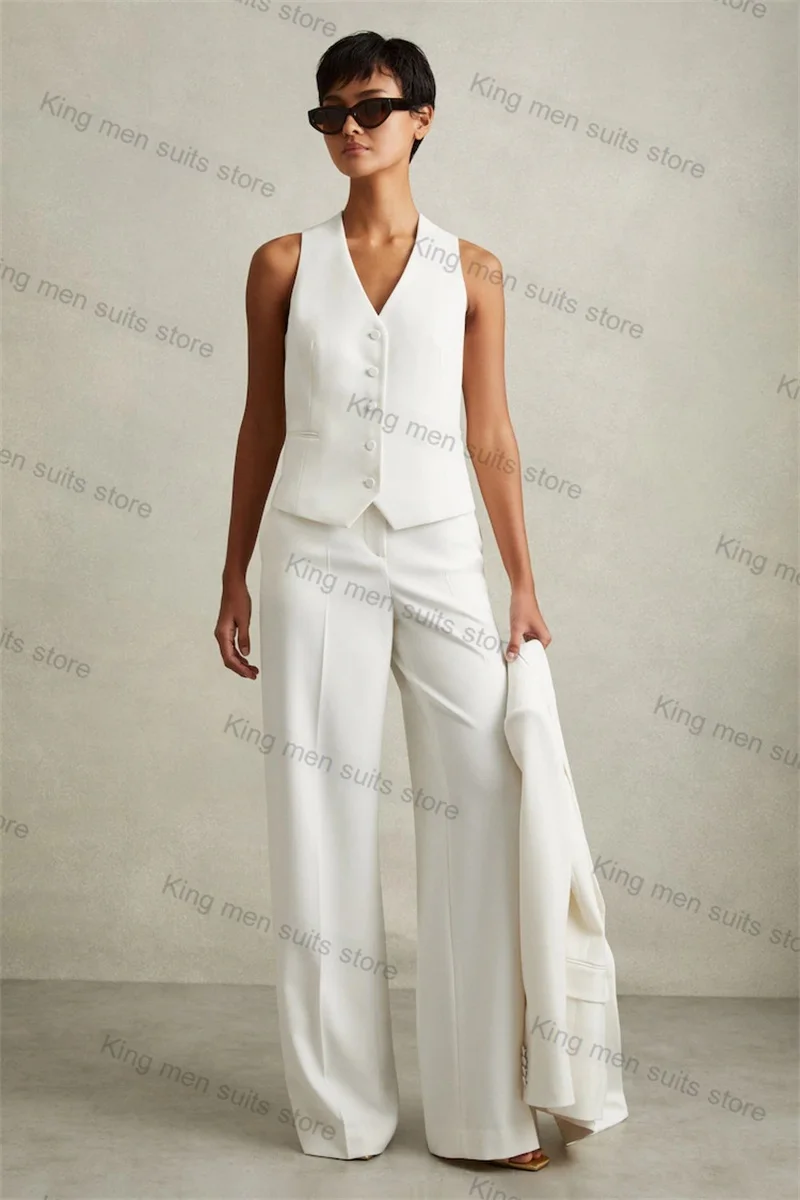 

White Cotton Women Suit Set 2 Pcs Vest+Trouser Customized Formal Office Lady Tailored Wedding Tuxedo Sleeveless Jacket Coat