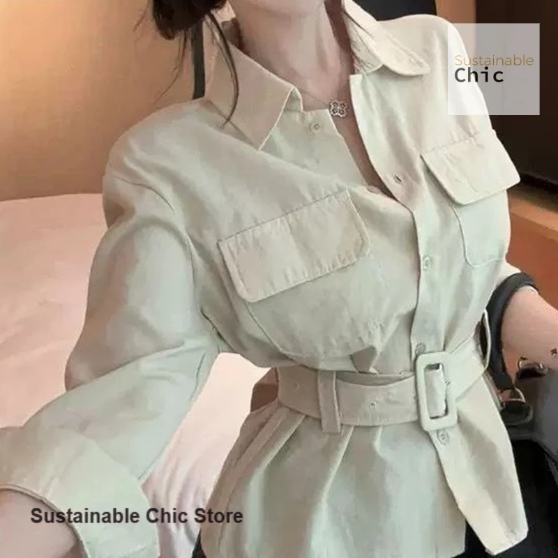 프렌치 스타일 칼라 프록 셔츠 여성 가을 신상 허리 디자인 감각 스파이스 걸 패션 분위기 있는 아름다운 캐주얼 탑