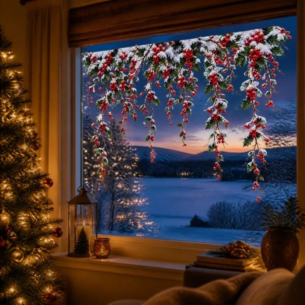 Red Berries Christmas Electrostatic Stickers Vivid Color No-Glue Static Window Cling Stickers PVC Reusable Holiday Stickers