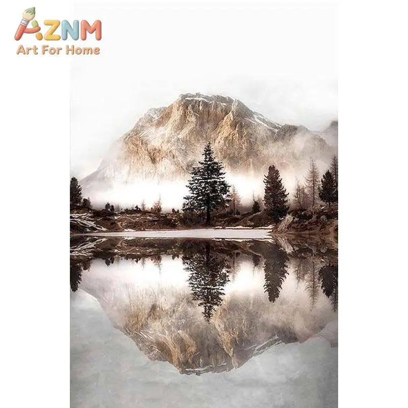 AZNM Neutral Landscape Canvas Wall Art, Winter Cabin Mountain Lake Dried Flower Nature Photography Print, Rustic Farmhouse Livin