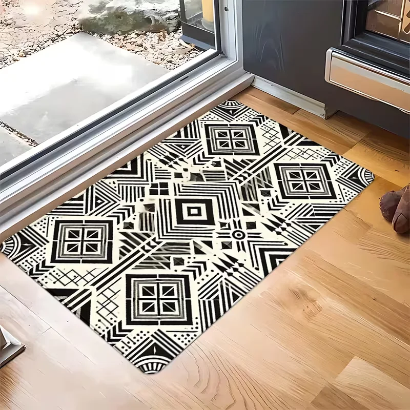 Moroccan Black White Geometric Print Doormat Modern Boho Tile Print Entryway Welcome Mat Soft Non-Slip Indoor Outdoor Floor Rug
