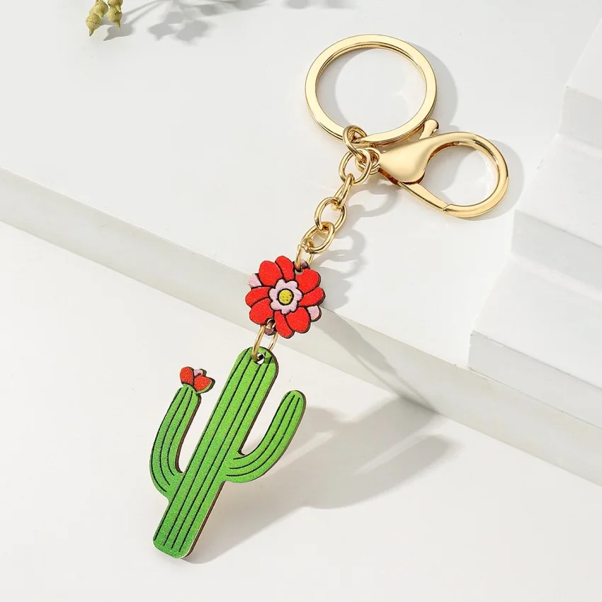 Creative Rustic Wooden Sunflower Cactus Pendant Keychain Cactus Keyring Car Keys Holder Backpack Bag Accessories Gifts