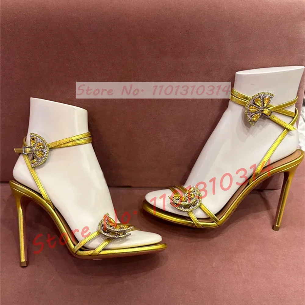 Gold Jewel Lemon High Heels Sandals Women Luxury Metallic Cow Leather Stiletto Sandals Ladies Trendy Crystal Evening Dress Shoes