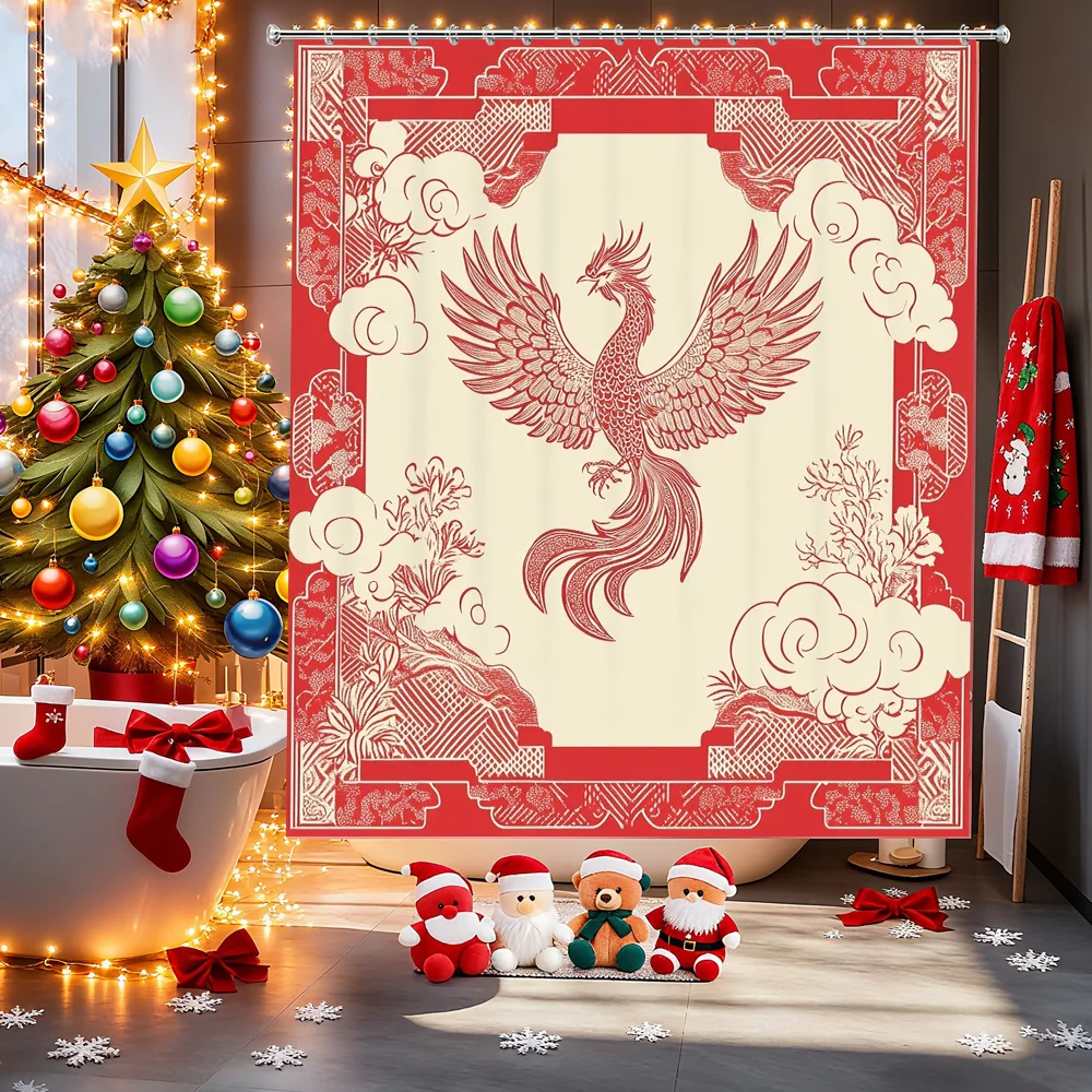 Red Chinese Phoenix Shower Curtain, Vintage Auspicious Bird Pattern Waterproof Bath Curtain, Oriental Bathroom Decor