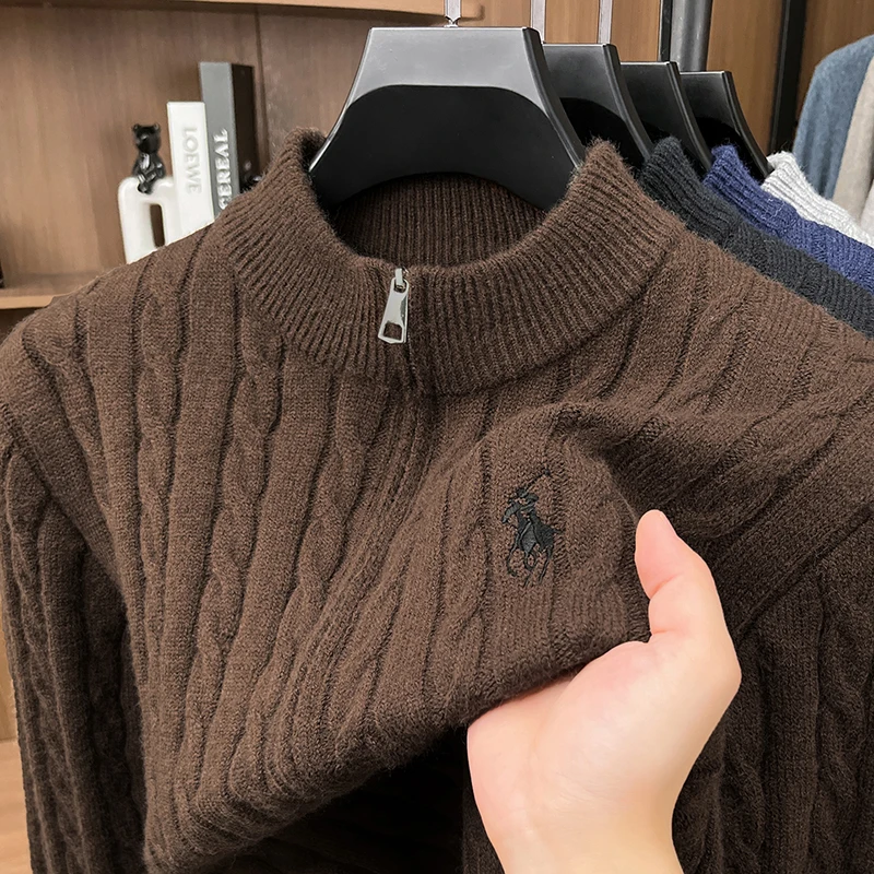 American retro half zipper high neck sweater men's autumn and winter lazy style knitted sweater top trendy brand jacket