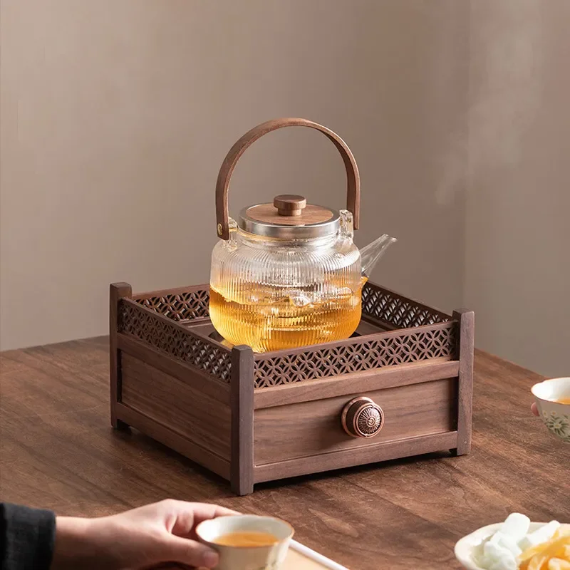 Electric Ceramic Stove for Tea Brewing Walnut Wood Base High Temperature Resistant Kettle Small Desktop Warmer Modern Design