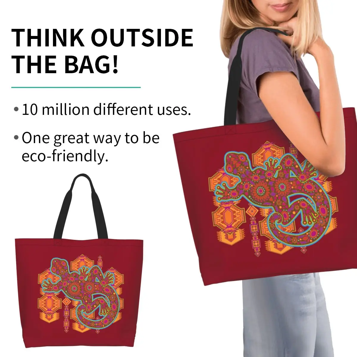 Ethnic Tribal Lizard Salamander Shopping Tote Bag Canvas Large Capacity Shoulder Bags Shopper Grocery Handbag for Women