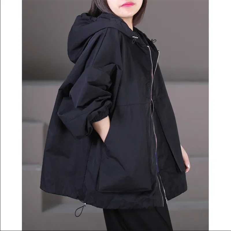 Spring Autumn Loose Women's Jacket Large Size Drawstring Hood Zipper Slant Pocket Short Women's Windbreaker Coat