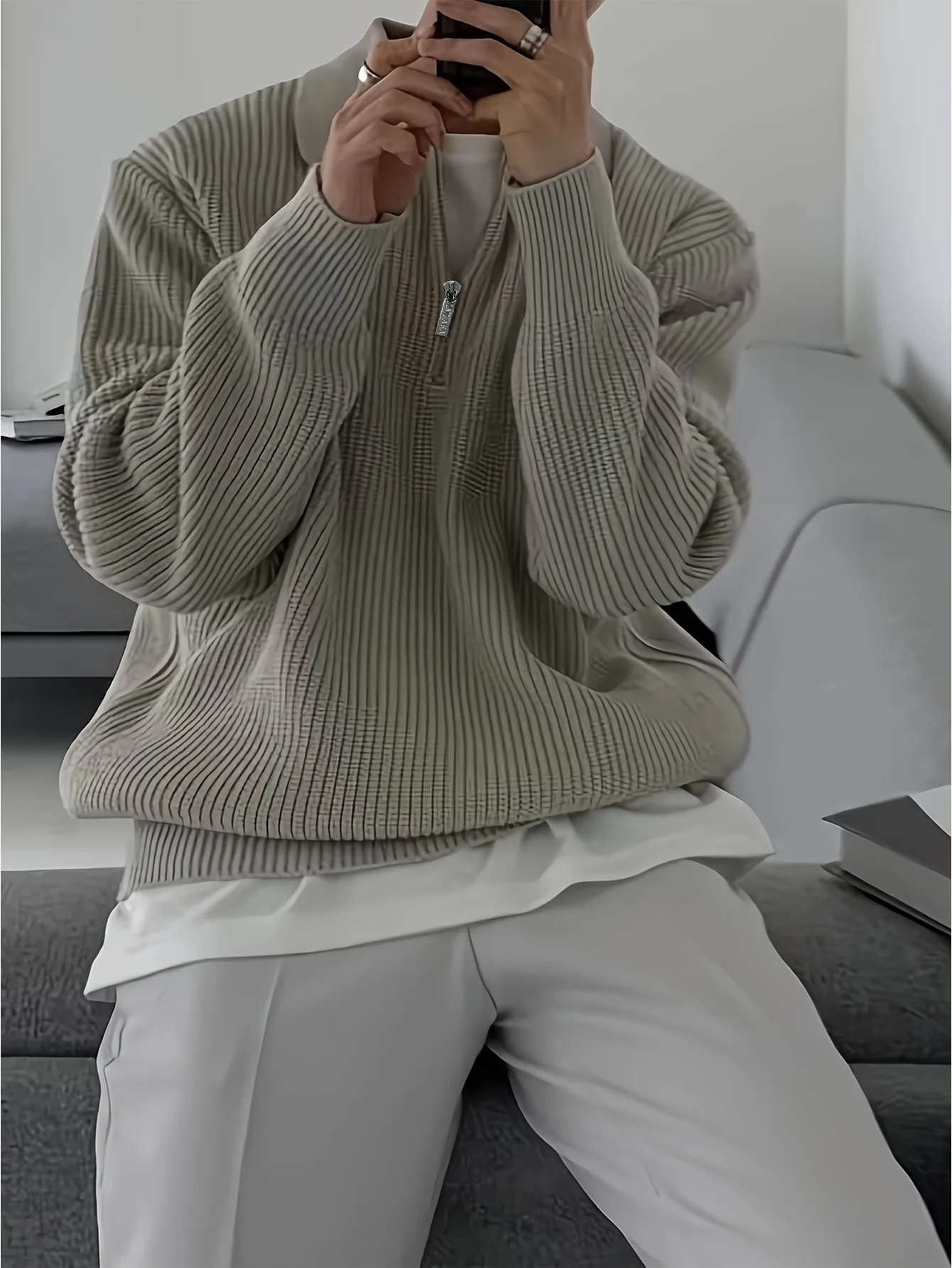 Men Half Zip Polo Collar Knit Sweater Long Sleeve Waffle Texture Pullover Loose Casual Autumn Winter Knitted Tops