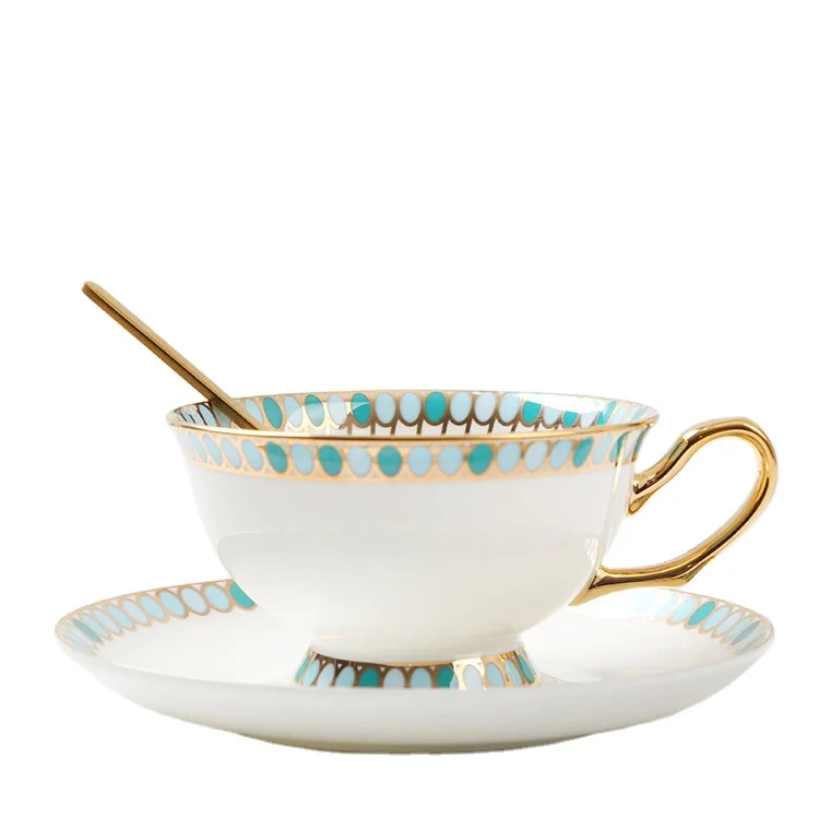 factory outlet Unique Golden Green Edge wide mouth bone china Coffee Tea Cup and Saucer