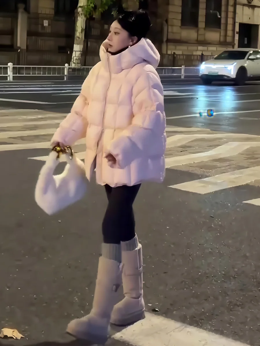 Chaqueta de Plumón Coreana, Estilo Holgado, Color Blanco, con Capucha, para Mujer, Color Rosa, Abrigo de Invierno Informal, Elegante, de Longitud Media, con Cremallera