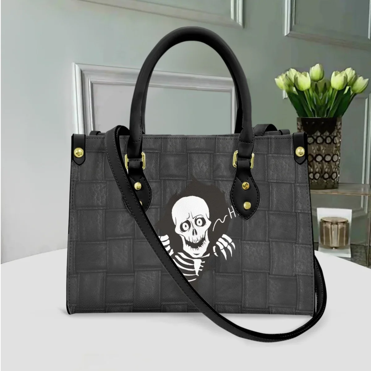 Classic Top Handle Women Messenger Bag Black Skull Pu Leather Long Shoulder Strap Clutch Large Capacity Shopping Totes Carteras