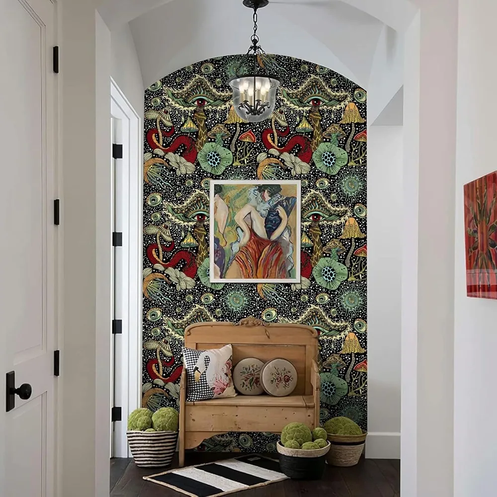 ورق جدران على شكل فطر بوهو قابل للإزالة - 17.7 بوصة × 98.4 قدم، تصميم نباتي وعين، مثالي لجدران غرفة النوم والحمام