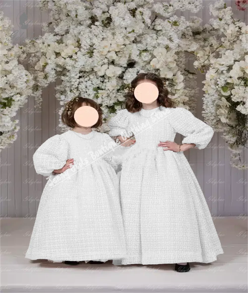 Custom Thick Milk Lace Puff sleeves Elegant Flower Girl Dress For First Time Sacrament Little Baby Holiday Prom Evening Dress