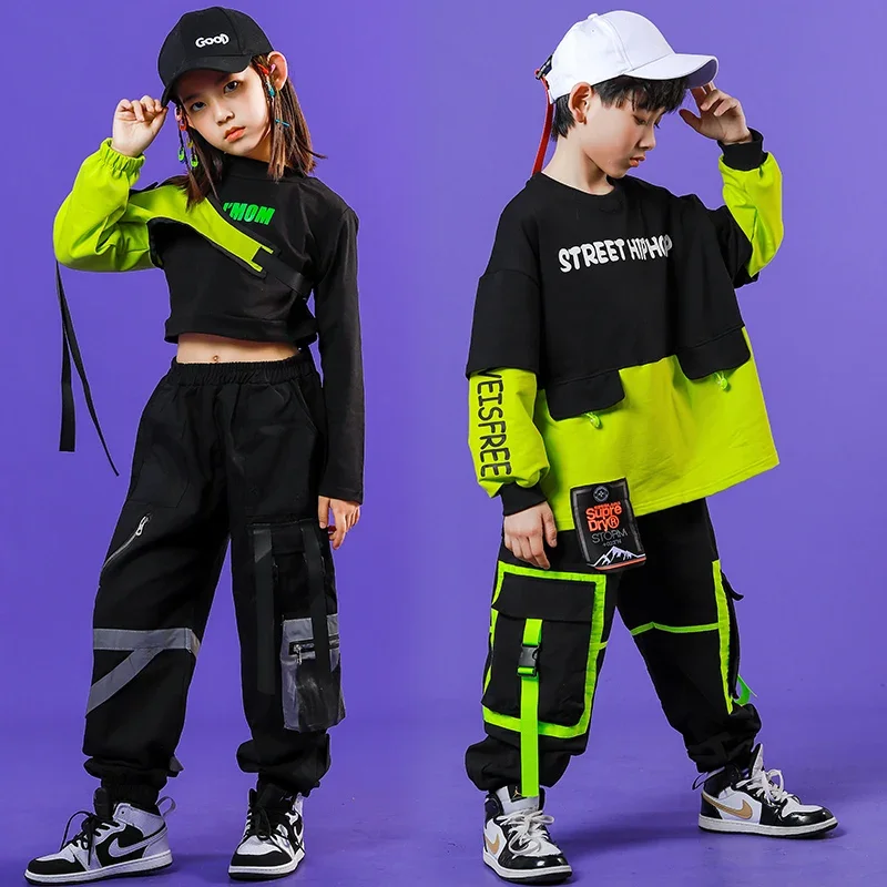 Casual Pants Jazz Stage Clothes Kids Ballroom Dancewear Hip Hop Clothing Green Sleeves Tops Street Dance Costume Girls