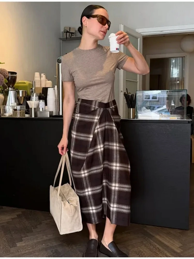 2026 New Elegant Irregular Ruched Plaid Print Skirts Chic Patchwork Zip-up Midi Women Skirts Ladies Commute Skirts Streetwear