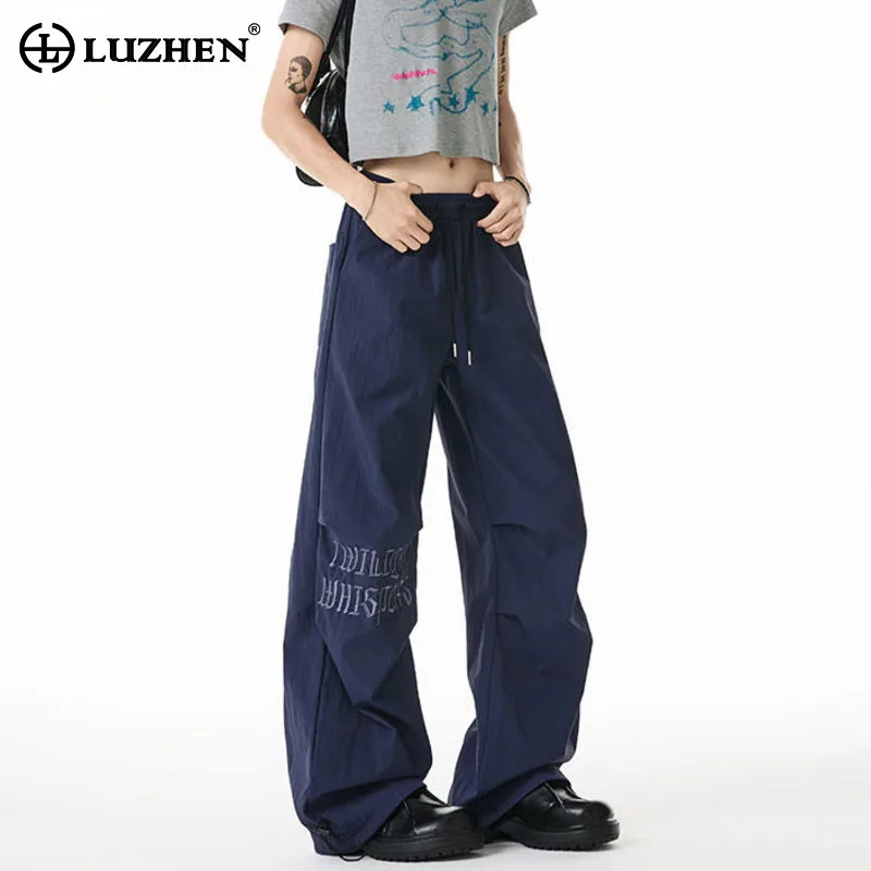 

LUZHEN 2025 модные прямые повседневные брюки с вышивкой и буквами, мужские оригинальные свободные брюки с эластичной резинкой на талии на шнурке JY3307