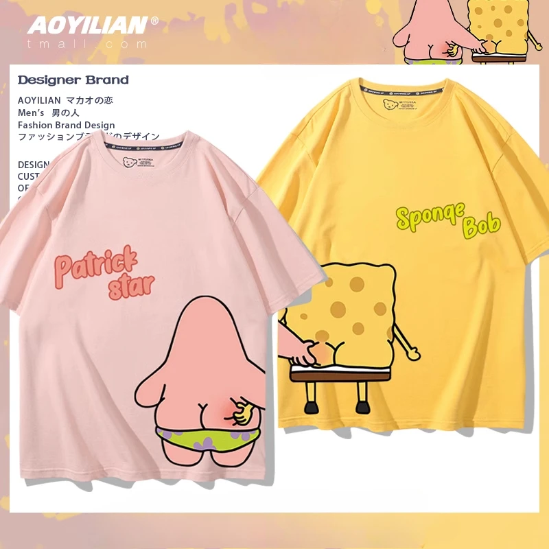 Spongebob sends big star animation co-branded around short sleeve men's and women's summer 100% cotton loose T-shirt casual