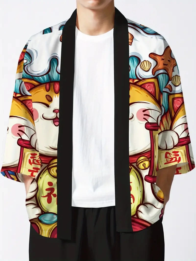 Men Cute Harajuku Japanese Beckoning Cat Cartoon Print Cardigan Kimono Summer Asian Traditional Yukata Haori Clothing For Women