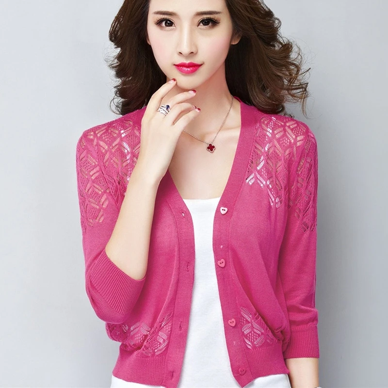 

2023 Summer New Cardigan for Women Sweaters Three Quarter Sleeves Thin Hollow Ice Silk Korean Japanese Fashion Small Jacket P247