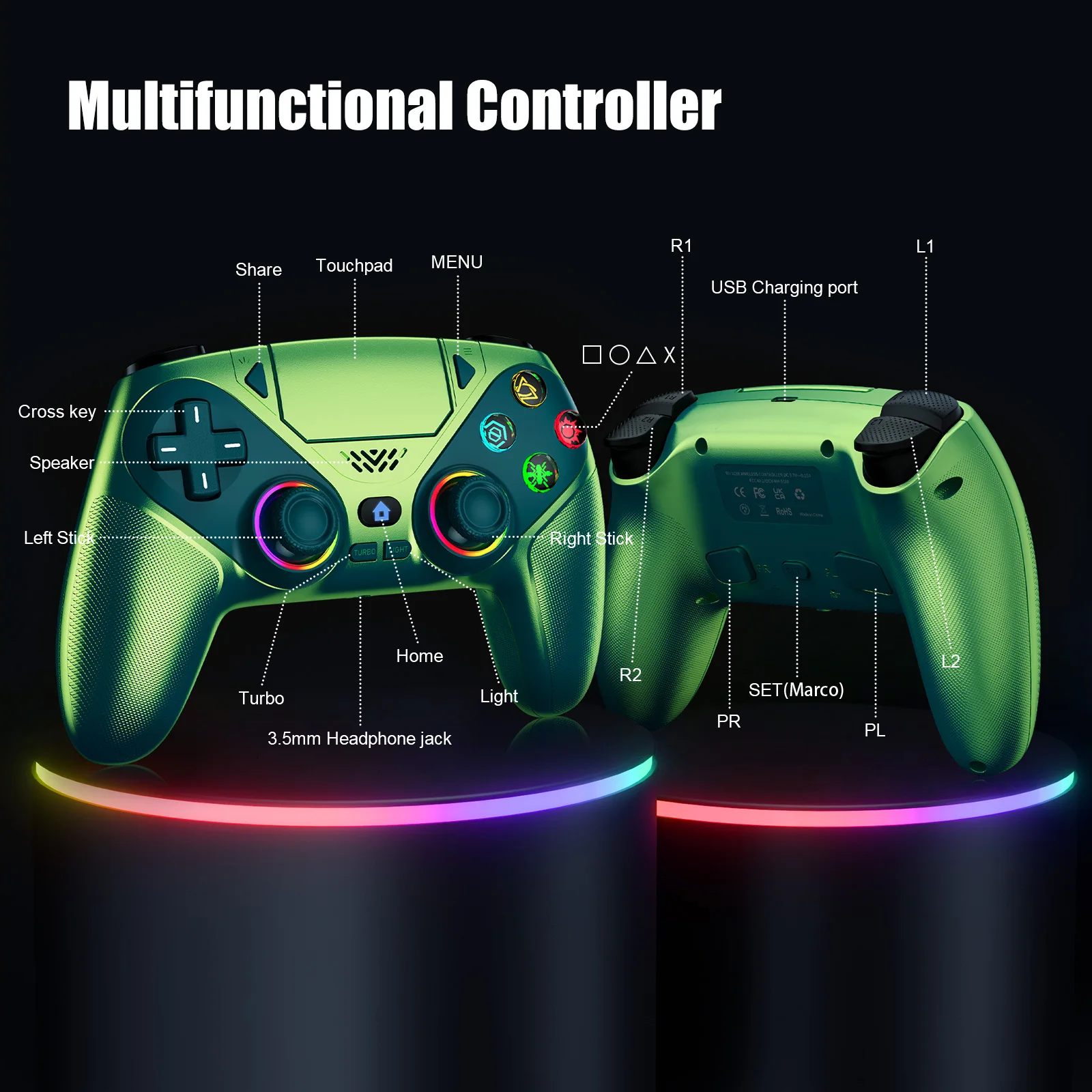 Controller für PS5/PlayStation 5 Pro/Slim/PC, kabellose Gamepads, RGB-Hall-Effekt, kein Drift, Spiel-Joystick mit Dual-Vibration, Marco/Turbo-Funktion – Detail 11