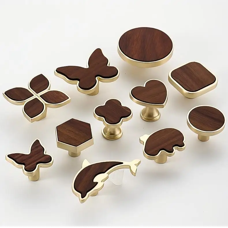 6pcs Creative Walnut Zinc Alloy Cabinet Handle Round Square Butterfly Shaped Furniture Handles Wardrobe Cupboard Drawer Pulls