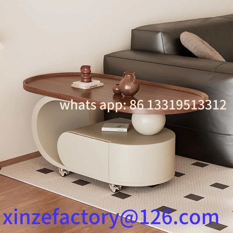 

Customizable living room household removable coffee table solid wood oval storage trolley