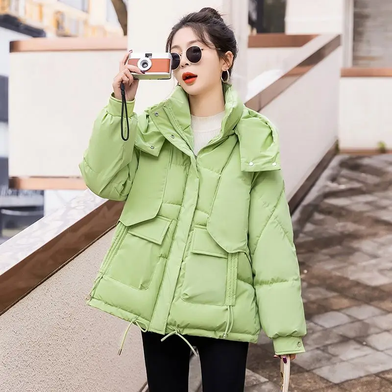 Winter 2023 New Short Down Cotton-Padded Jacket Ladies Slim Coat Loose Joker Coat Fashion Padded Warm Casual Solid Color Outcoat