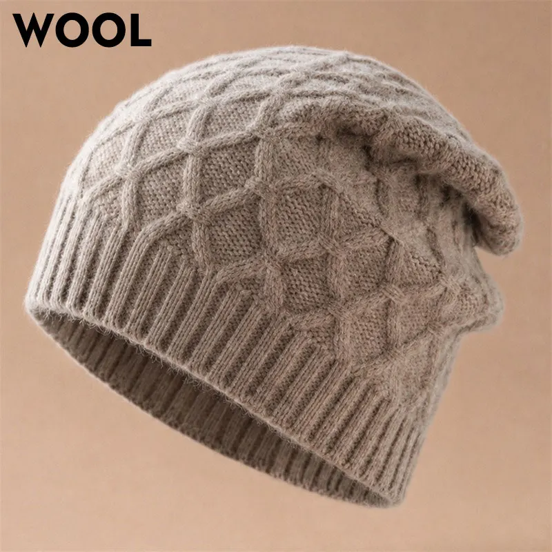 100% Wool Textured Diamond Lattice Knit Beanie Thickened Winter Warm Skull Cap Unisex Classic Soft Watch Cap