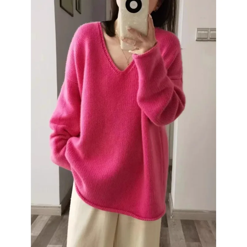 Autumn/Winter 2024 new luxury cashmere sweater women's pink V-neck drop shoulder loose pure wool sweater