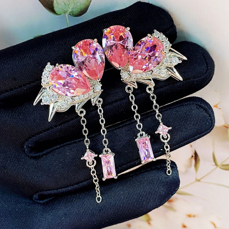 Fashion Pink Diamond Necklace Set - Sophisticated Luxury Heavyweight Zirconia Liquidated Peach Pink Heart Tassel Earrings for Wo