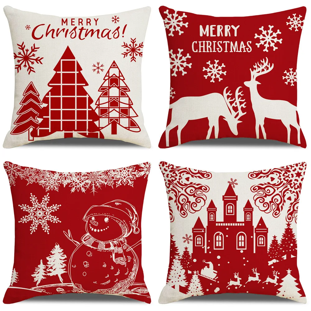 

Merry Christmas Decorative Pillow Cover Xmas Red Collection Linen Pillowcase Cute Snowman Reindeer Castle Snowflak Cushion Cover