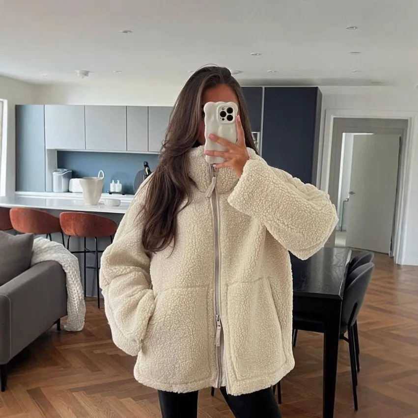 Cream White Oversized Plush Coat Ladies High Collar Zip Up Long Sleeve Pocket Loose Fit Elegant Warm Casual Outerwear Trendy New