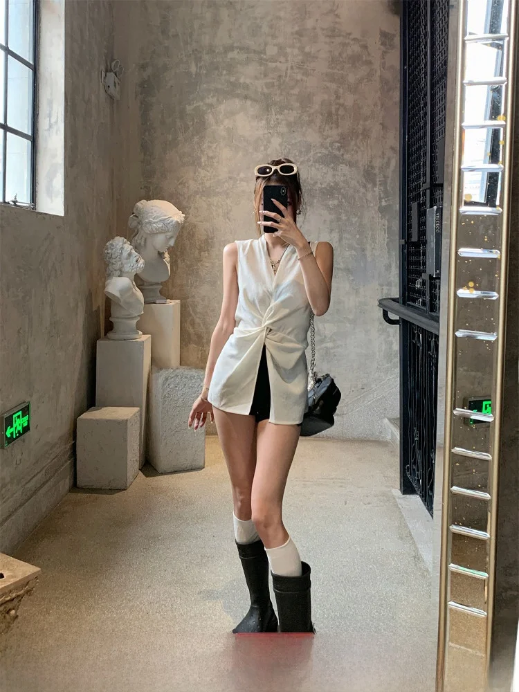 

GV Big Brother Cotton Linen Sexy Knot V-ne Waist-cinched Svel Vest Breathable Slim-fit Top Women Summer