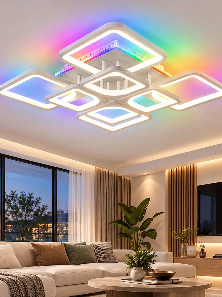 Lampa sufitowa LED IRALAN, kwadratowy inteligentny żyrandol z pilotem, ściemnianie, podświetlenie RGB, nowoczesny żyrandol do dekoracji wnętrz, lampa sufitowa. — Zdjęcie 2 z 2