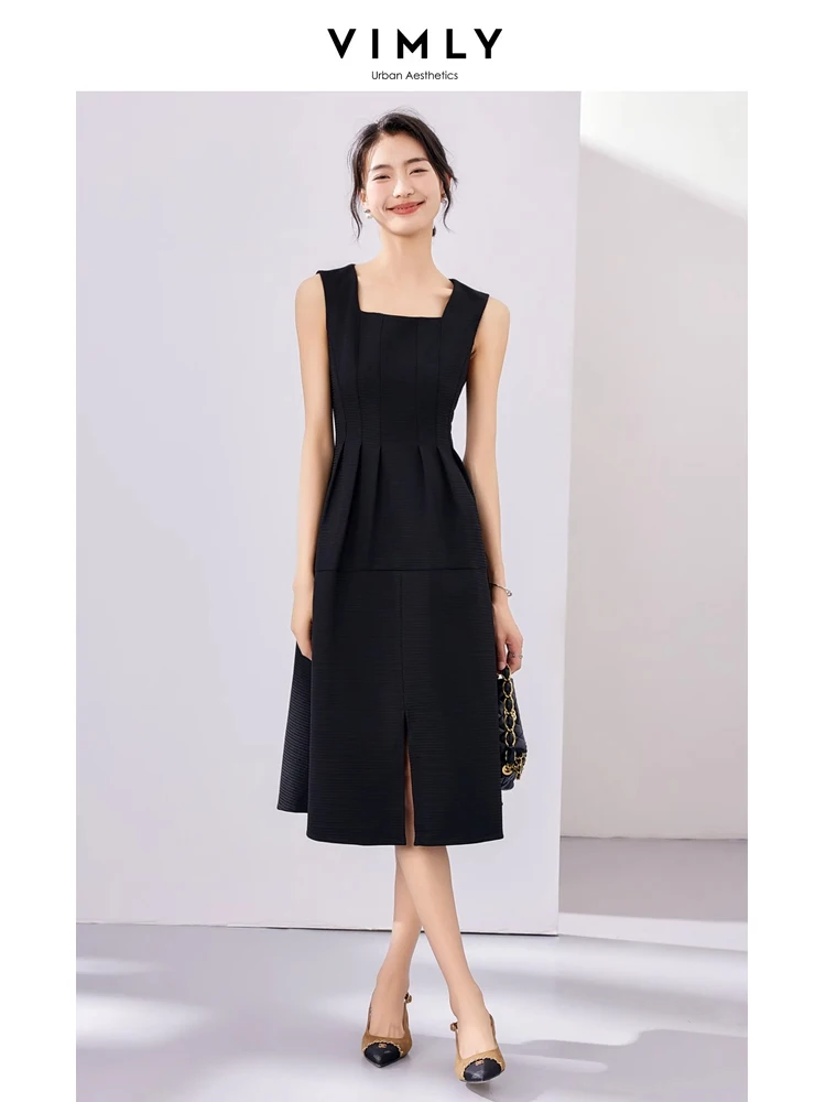 Vimly Sleeveless Fitted Black Tank Dresses for Women 2024 Spring Fashion A Line Split Midi Pleated Dress Womans Clothing M2665