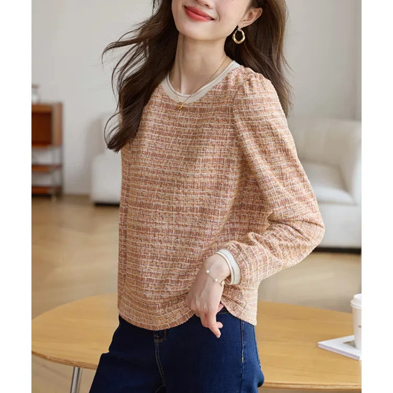 Simplicity Office Lady Spring Autumn Bottoming Female Women\'s O-Neck Print French Style Fashion Loose Long Sleeve T-Shirts Tops