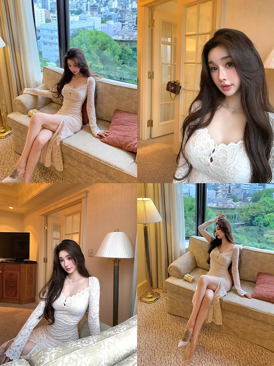 Vestido Largo de Encaje Blanco Achi para Mujer, con Cintura Ajustada, Relleno en el Pecho, Dobladillo Asimétrico, Tela de Nailon Elástica