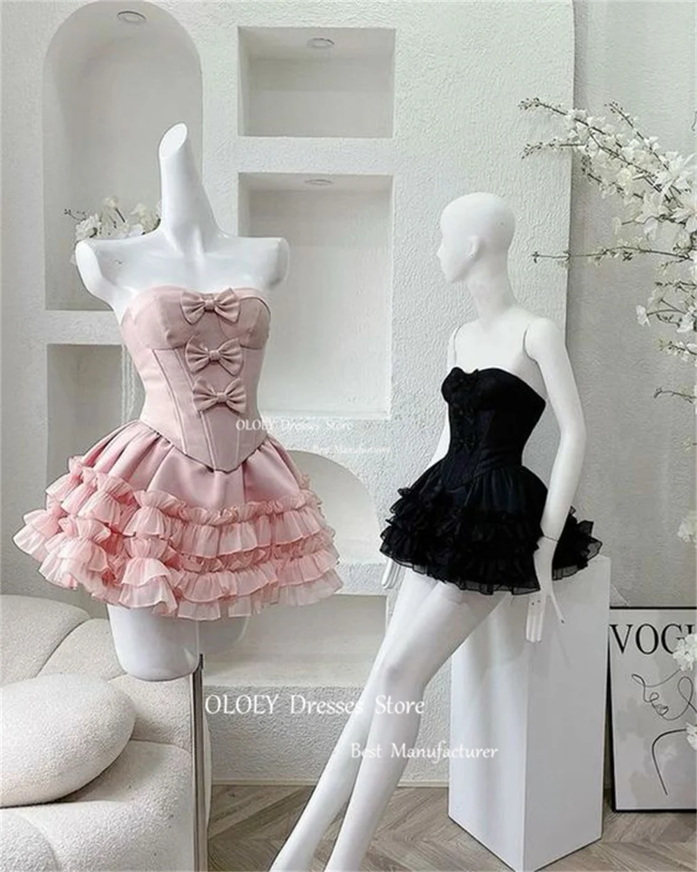 OLOEY Sweetheart Short Cocktail Dresses Sleeveless 3d Bows Ruffles Wedding Party Dresses White Black Pink Zipper Back Custom