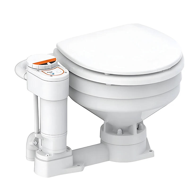 Manual Marine Toilet 12V,24V Ceramic Bowl with Wood Seat Boat Yacht RV Bathroom Replacement Unit Compact Cabin Head Floor Mount