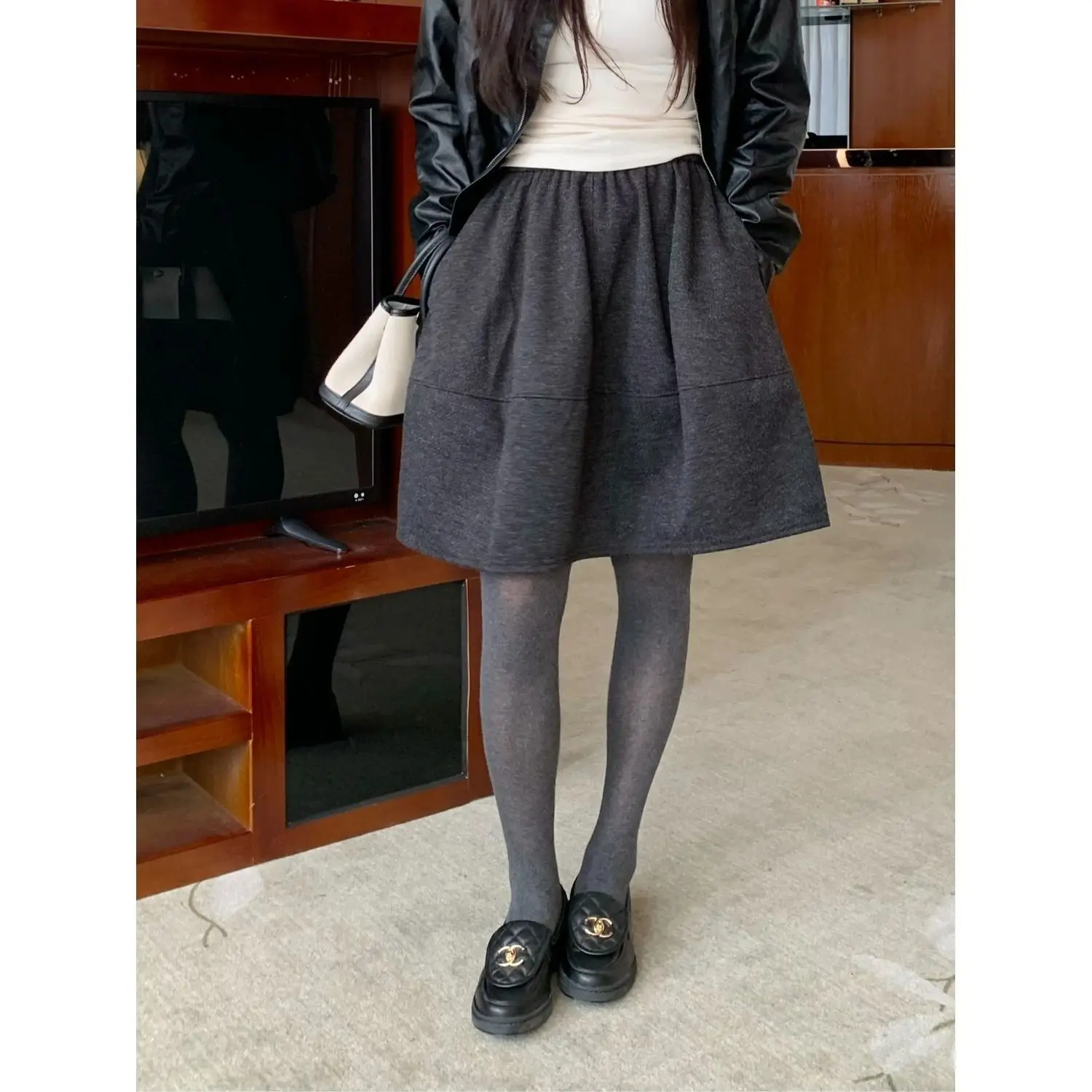 Korean Style High Waist A-Line  Skirt Women's Warm Polyester Floral Bouffant Half-length Skirts for Autumn Winter