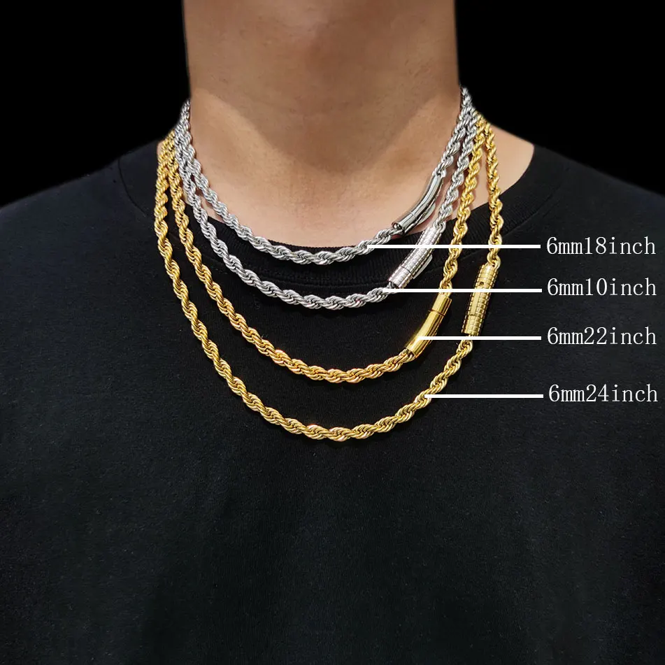 6mm Rope Chain Necklace Stainless Steel Never Fade Waterproof Choker Men Women Jewelry Gold Color Chains Gift