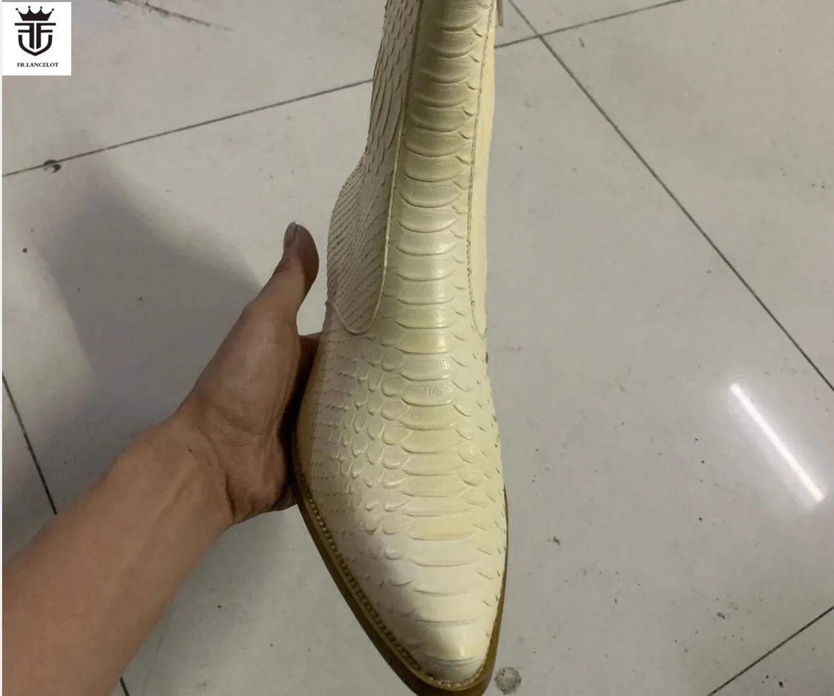 Brand New Fashion Men shinny leather boots zip side snakeskin print leather ankle booties male party shoes low heel mens boots