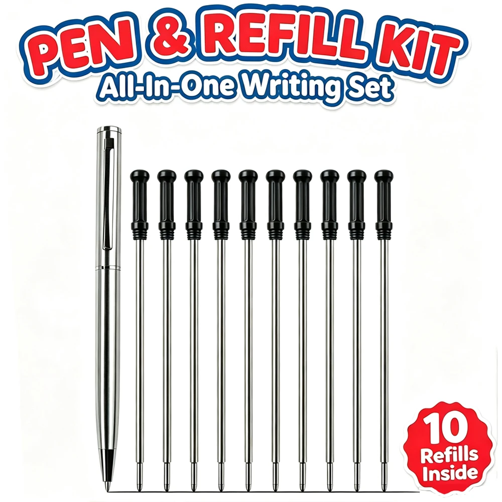 Metal Ballpoint Pen with 10Pcs Replaceable Refills Black Blue Ink Optional Office School Business Daily Writing Signature Kit