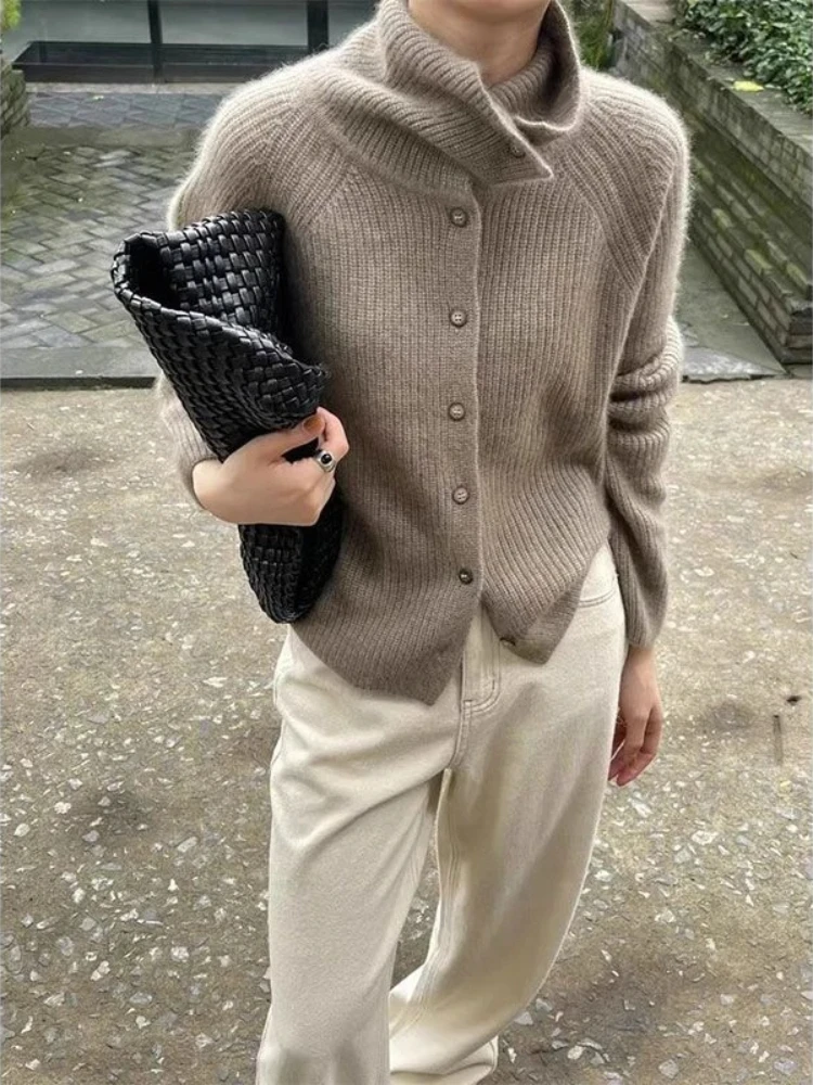 

HOUZHOU Casual Turtleneck Knitted Cardigans Women Elegant Korean Style Long Sleeve Sweaters Autumn Winter Loose Knitted Coat