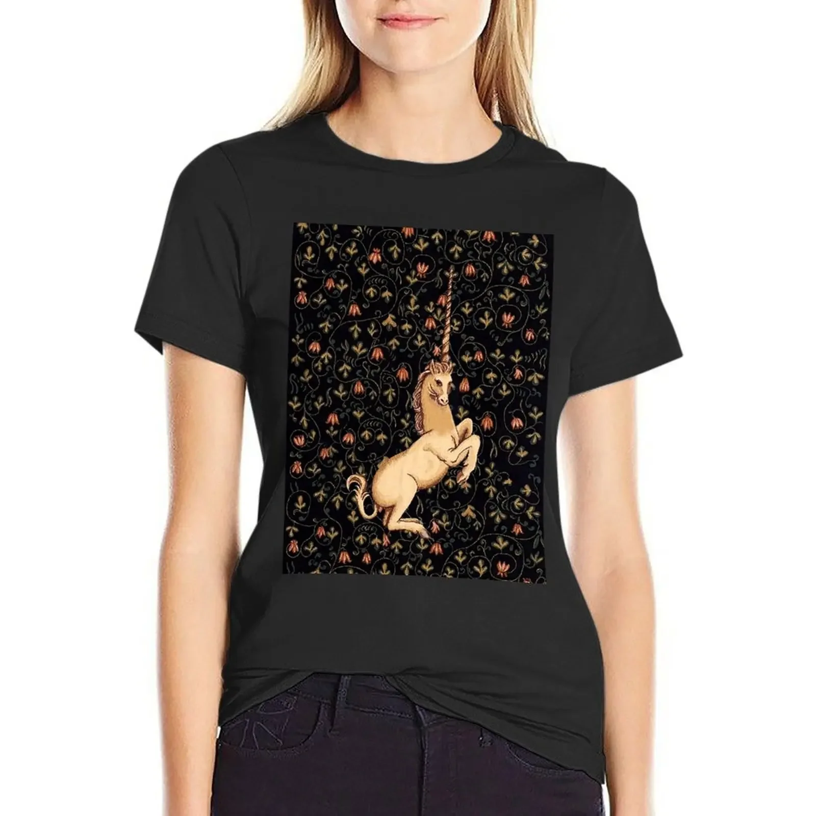 Medieval Unicorn Midnight Floral Tapestry T-Shirt tops summer tops workout shirts for Women