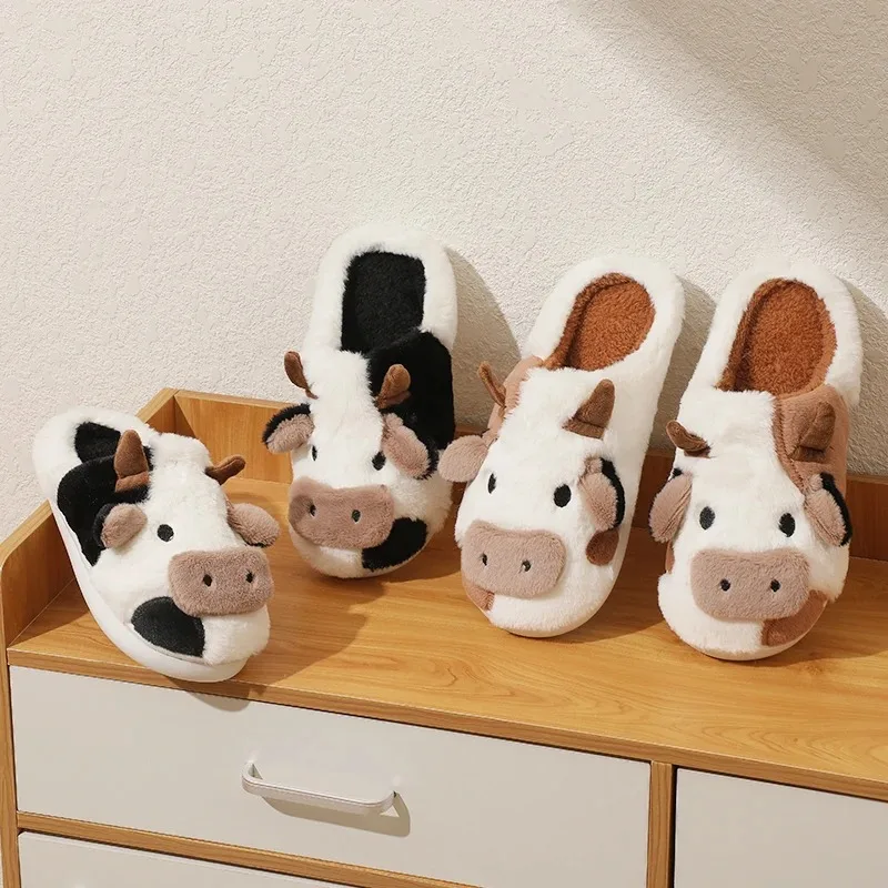 Winter Unisex Cartoon Cow Warm Plush Slippers Couple\'s Indoor Non-slip House Slides Men And Women Toe Wrap Home Cotton Shoes